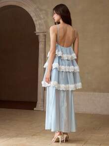 PREMIUM 2026 SUMMER WOMEN'S SPAGHETTI STRAP TIERED LACE FLORAL LONG DRESS - Blue - View 3