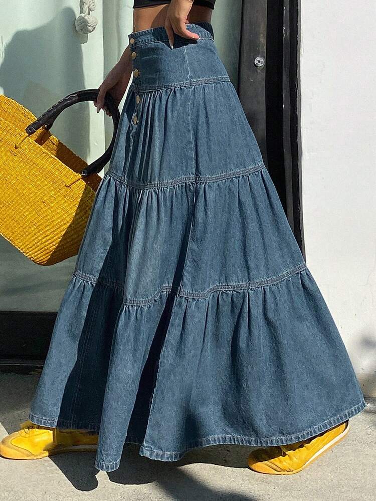 Women's Regular Waist Single-Breasted Decorative Elegant Cake Skirt, Casual Denim Maxi Skirt