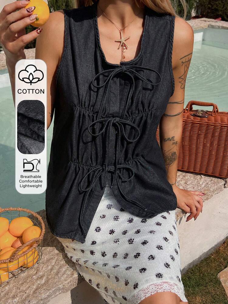 Women's Round Neck Sleeveless Bow Tie Front Open Denim Vest, Casual Denim Top Summer