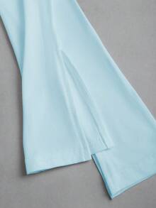 Olithes Áo dệt kim dài tay cổ chữ U ôm sát, gợi cảm và thời trang, có chi tiết nhún bèo bên hông, xếp ly phía trước, cổ tay xẻ, màu trắng, thích hợp cho mùa Thu/Đông. - Màu xanh nhạt - Xem 4