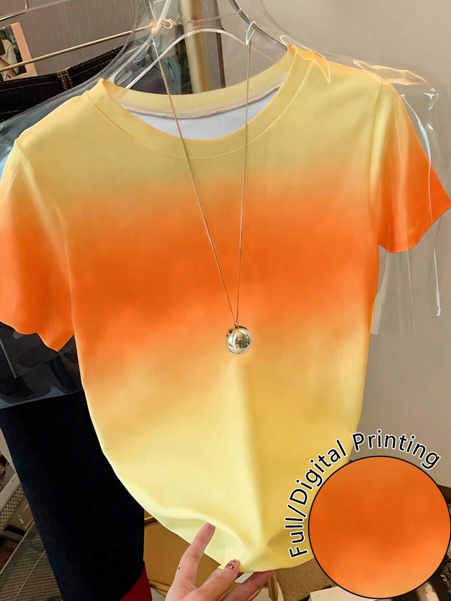 Resyla 女士渐变色休闲百搭圆领短袖T恤 - 彩色 - 查看 1