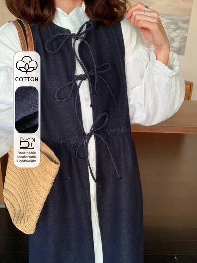 FRIFUL Women's Casual Tie-Up Sleeveless Denim Dress