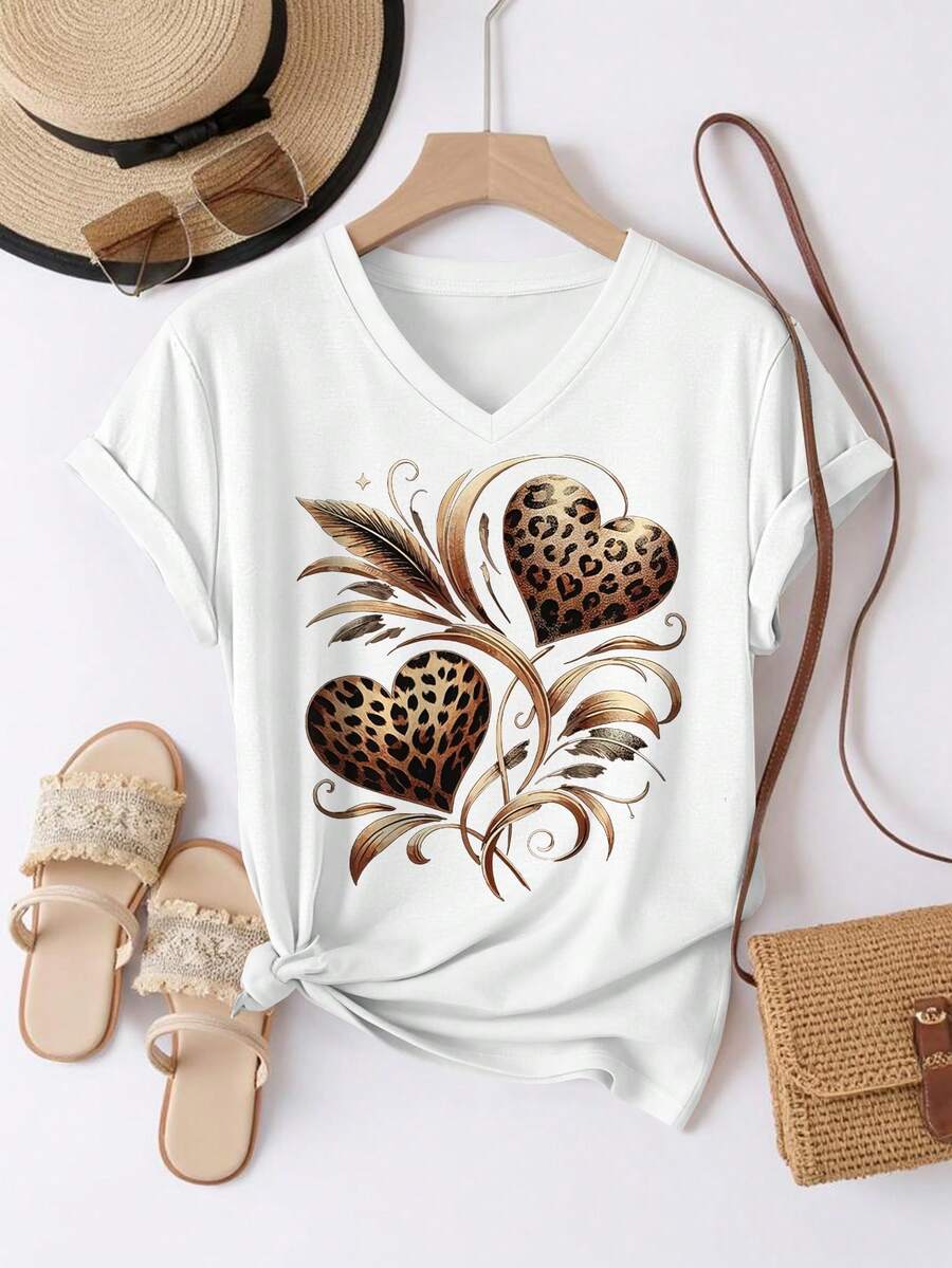 EMERY ROSE 复古豹纹爱心羽毛图案圆领短袖V领休闲T恤，女士夏季款 - 白色 - 查看 1