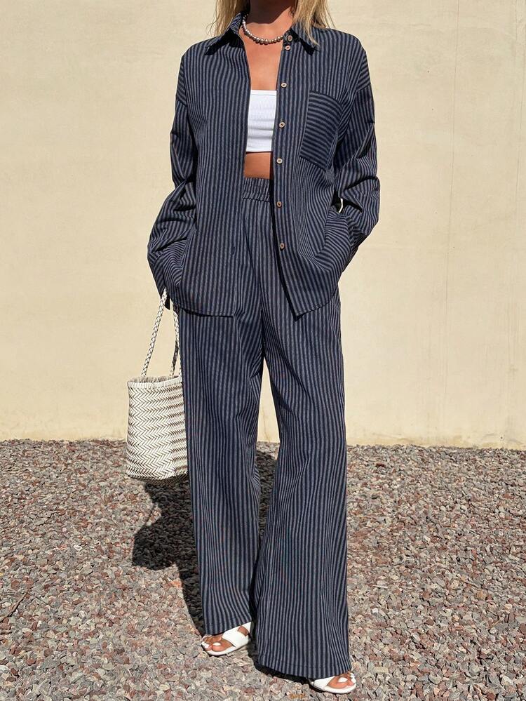 Women's Casual Striped Pocket Shirt And Wide Leg Pants 2 Pieces Set, Spring/Summer