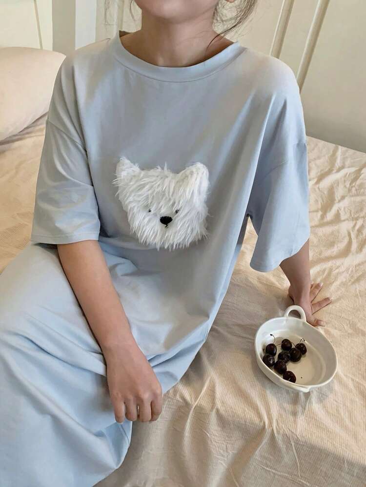 Dazy Plus Fashionable & Cute Cartoon Pattern Loose Fit Round Neck Short Sleeve Long Nightgown, Spring/Summer