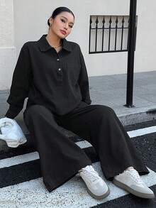 Dazy Plus 大码女式复古牛仔两件套，宽松V领长袖衬衫上衣和直筒裤，春秋季 - 黑色 - 查看 9