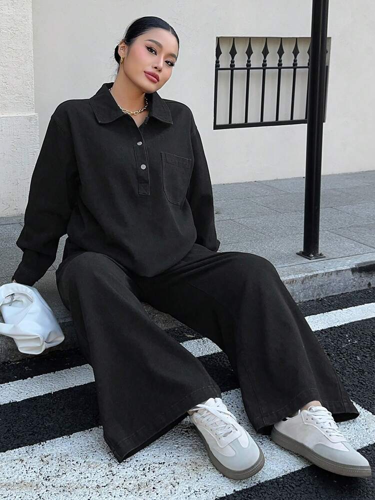 Dazy Plus Plus Size Women Vintage Denim 2 Piece Set, Loose V-Neck Long Sleeve Shirt Top And Straight Leg Pants, Spring/Autumn