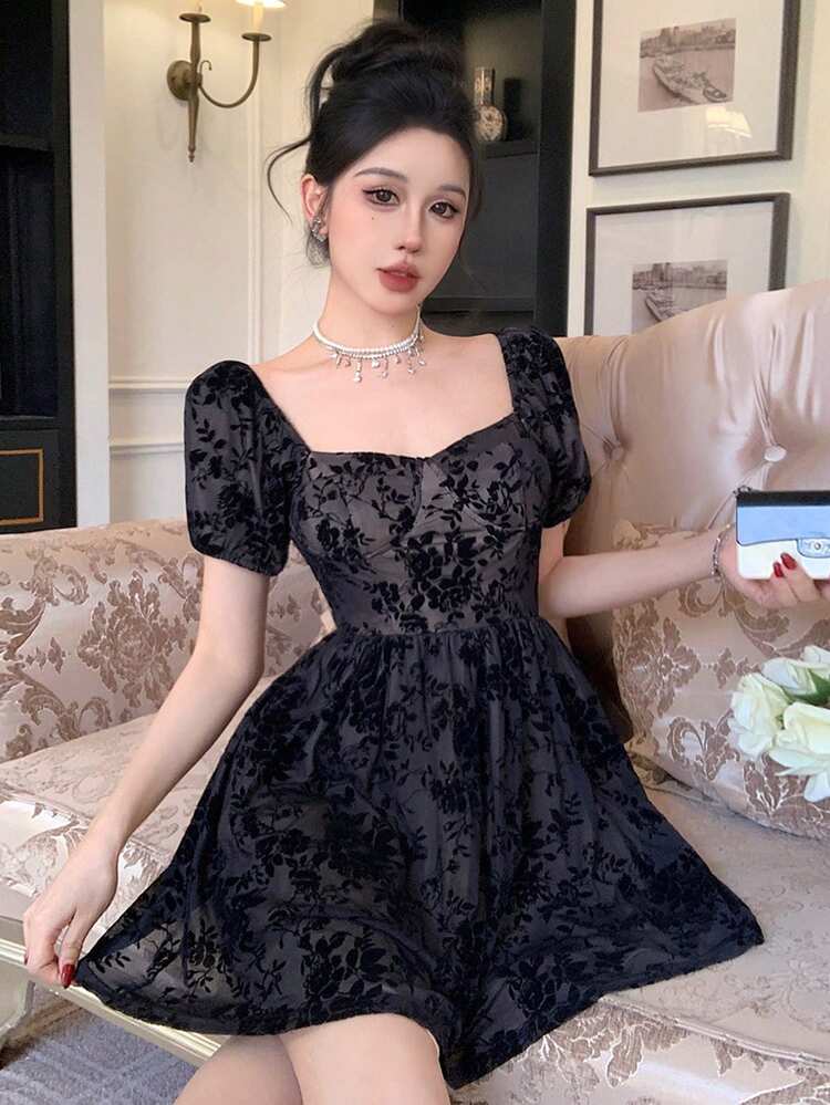 Spring & Summer Black Floral Flocked Mesh Lace Dress, Casual Sweet Girl Dress For Valentine's Day, Wedding, Party, Fashion Event, Slim Fit Elegant Office Wear Short Sleeve Dress For Women Boho