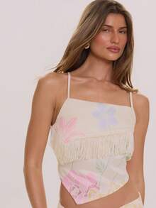 MUSERA Floral Print Satin Fringed Cami Top Spring Summer Elegant Wedding Guest Vacation Holiday Occasion Honeymoon Cafe - Light Yellow - View 2