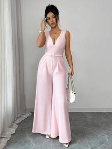 Balvessa Women's 2026 Spring/Summer New Lace Waist Jumpsuit - Baby Pink - View 7