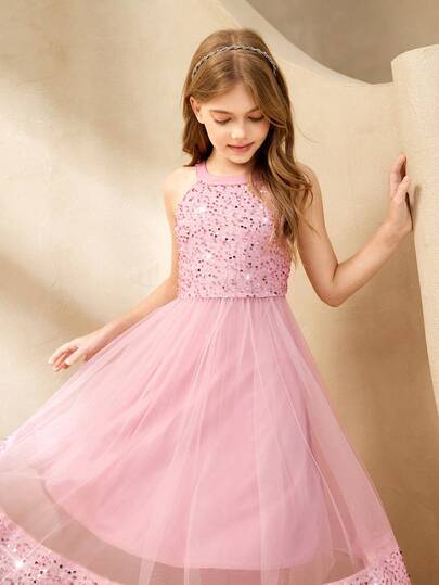 Blomflicka Mesh Splice Pärlhalsbandslös Fluffig Prinsessklänning, Kort Modell, Lämplig För Bröllop, Födelsedagsfest, Bankett, Alla Årstider