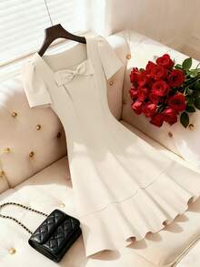 SHEIN Franclia Đầm hè thanh lịch màu trơn có nơ dành cho nữ - Màu be - Xem 1