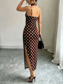 Pariaura 2026 New Arrival Women's Brown Polka Dot Long Dress, Sleeveless Cami Style With Scarf Collar, V Neck Zipper Closure, Casual Commute Minimalist Holiday Loose Midi Maxi Dresses For Ladies - Brown - View 2