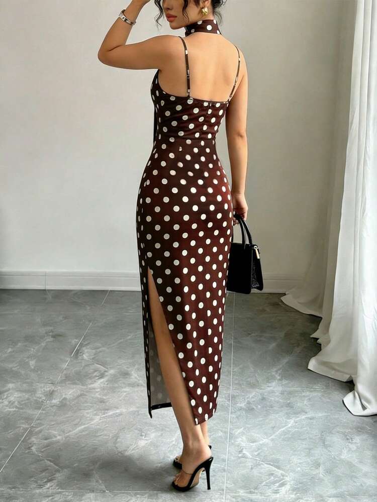 Pariaura 2026 New Arrival Women's Brown Polka Dot Long Dress, Sleeveless Cami Style With Scarf Collar, V Neck Zipper Closure, Casual Commute Minimalist Holiday Loose Midi Maxi Dresses For Ladies - Brown - View 2