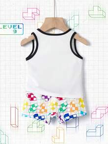 Tetris™ X SHEIN 男童字母印花背心和几何印花短裤两件套内衣套装 - 白色 - 查看 2