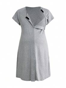 Moonlight&Mama Vestaglia casual da donna incinta, a tinta unita, con scollo tondo e funzione di allattamento - Grigio Chiaro - Visualizzare 1
