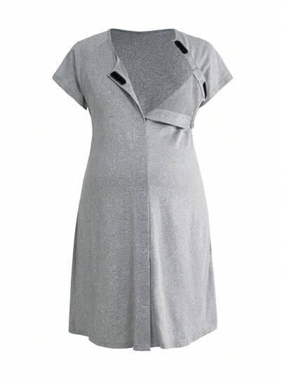 Moonlight&Mama Pregnant Women Solid Color Round Neck Nursing Function Casual Homewear Nightgown