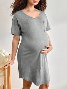 Moonlight&Mama Áo ngủ ngắn tay màu trơn mùa hè dành cho bà bầu - Màu xám đen - Xem 6