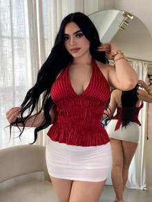 SHEIN SXY Women's Sexy Backless Halter Striped Blouse For Summer,Summer Top - Burgundy - View 6