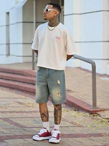 Devon Thys Men's Distressed Casual Denim Shorts Baggy Jorts Plain Light Blue Going Out Fashion Rapper Going Out Hang Out Commute College Street - Light Wash - View 4