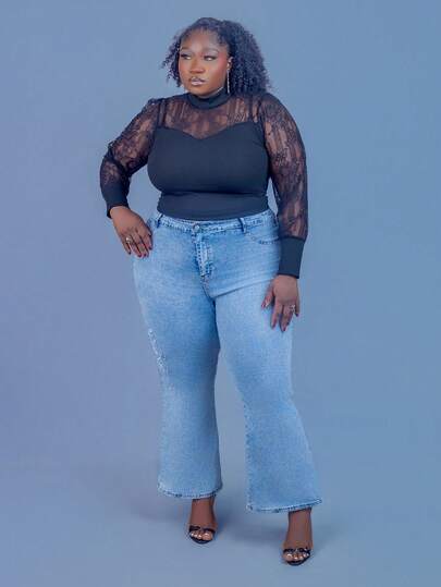 CurvyTilda 大码女式撞色网眼设计休闲黑色 T 恤