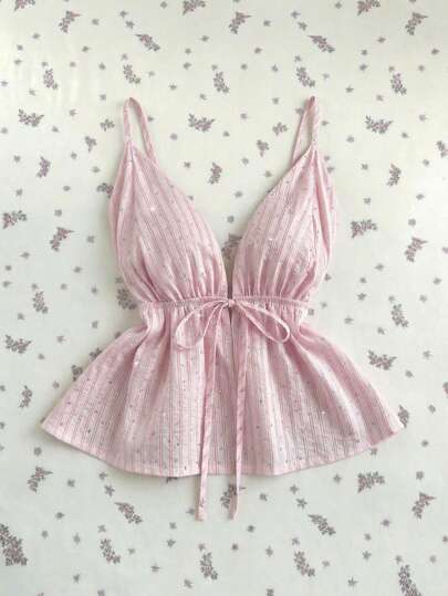 Elamini 女士水钻条纹露背吊带上衣