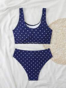 SHEIN 少女海军蓝白波点比基尼套装，夏季海滩度假 - 寶藍色 - 查看 2