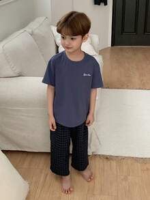 DAZY Young Boy Plaid Short Sleeve Top And Pants Pajama Set - Blue - View 7