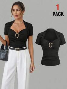 Gownix Women's Elegant Black Summer T-Shirt, Date Night Decorative Button Hollow Out Scallop Trim Ribbed Corset Top, Casual Short Sleeve Body Blouse - Black - View 11