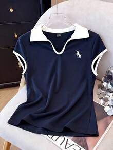 Resyla 女士休闲Polo领撞色短袖独角兽印花宽松T恤上衣，夏季 - 藏蓝色 - 查看 1