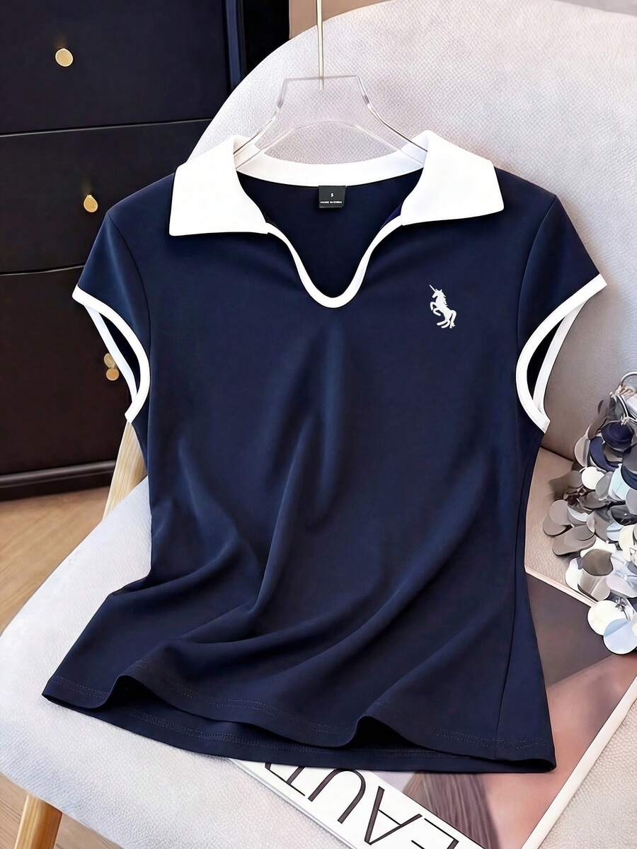 Resyla 女士休闲Polo领撞色短袖独角兽印花宽松T恤上衣,夏季 - 藏蓝色 - 查看 1