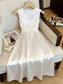 GlowEve Women's Sleeveless Square Neck Knit Elastic Metal Buckle Flared A-Line Cinched Waist Long Dress, White, Fashionable & Elegant, Summer - White - View 2