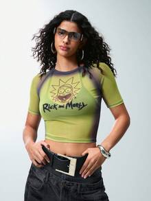 Rick and Morty X SHEIN 女士夏季时尚字母和人像图案短袖露脐紧身衣 - 綠色 - 查看 6