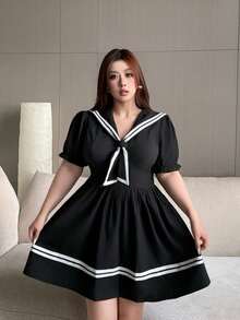 Vibekara Plus Size Navy Collar Short Sleeve Casual Dress, College & Resort Style, Spring/Summer - Black - View 7