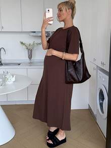 SHEIN Đầm bầu tay ngắn màu trơn, kiểu dáng thường ngày, thích hợp cho mùa hè. - màu nâu - Xem 2