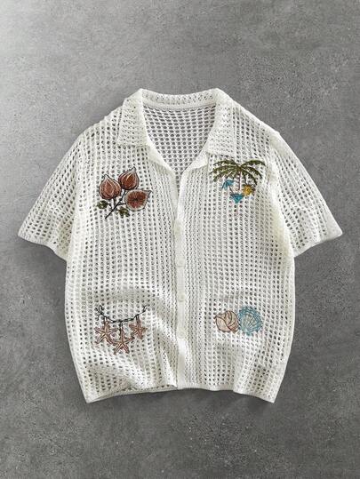 ROMWE MEN Street Life Camiseta de punto de manga corta con bordado de palmera y abertura para hombre