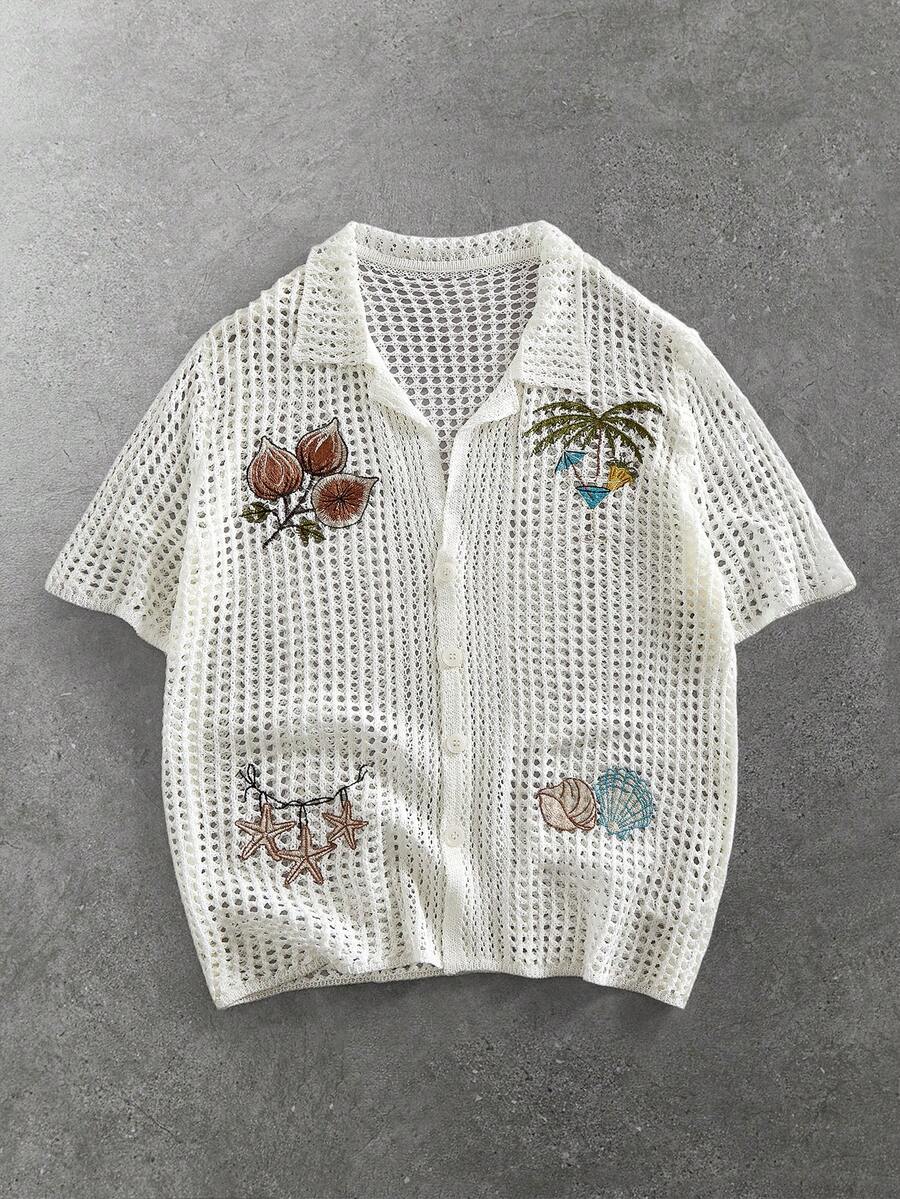 ROMWE MEN Street Life Camiseta de punto de manga corta con bordado de palmera y abertura para hombre - Blanco - Ver 1