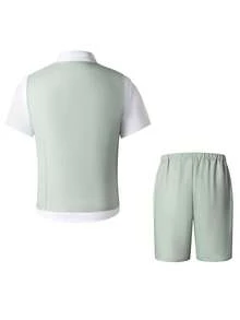 SHEIN Bộ trang phục lịch lãm 2 món cho bé trai tuổi teen, gồm áo vest ôm sát màu xanh bạc hà phối viền tương phản và quần short, bộ vest trang trọng thanh lịch dành cho sinh nhật, đám cưới, lễ tốt nghiệp, khách mời đám cưới, phù rể, người mang nhẫn. - Màu xanh Bạc hà - Xem 2