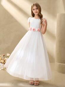 优雅花童连衣裙，适合毕业典礼、婚礼、舞会等场合，白色网纱缎面腰部饰有花朵图案，圆领泡泡袖蓬蓬裙摆，时尚蓬蓬裙公主裙，返校季必备 - 白色 - 查看 8