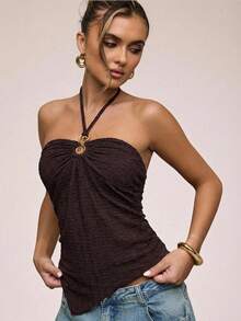 SHEIN BAE Women's Casual Vacation Textured Metal Decor Halter Tie Asymmetrical Hem Halter Top, Suitable For Beach Vacation, Music Festival, Boho Vacation, Beach Travel, Casual Travel, Summer, Brown Textured Top - Coffee Brown - View 3
