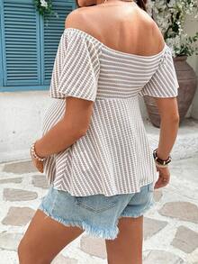 SHEIN Maternity Casual Striped Off-Shoulder T-Shirt - White - View 2