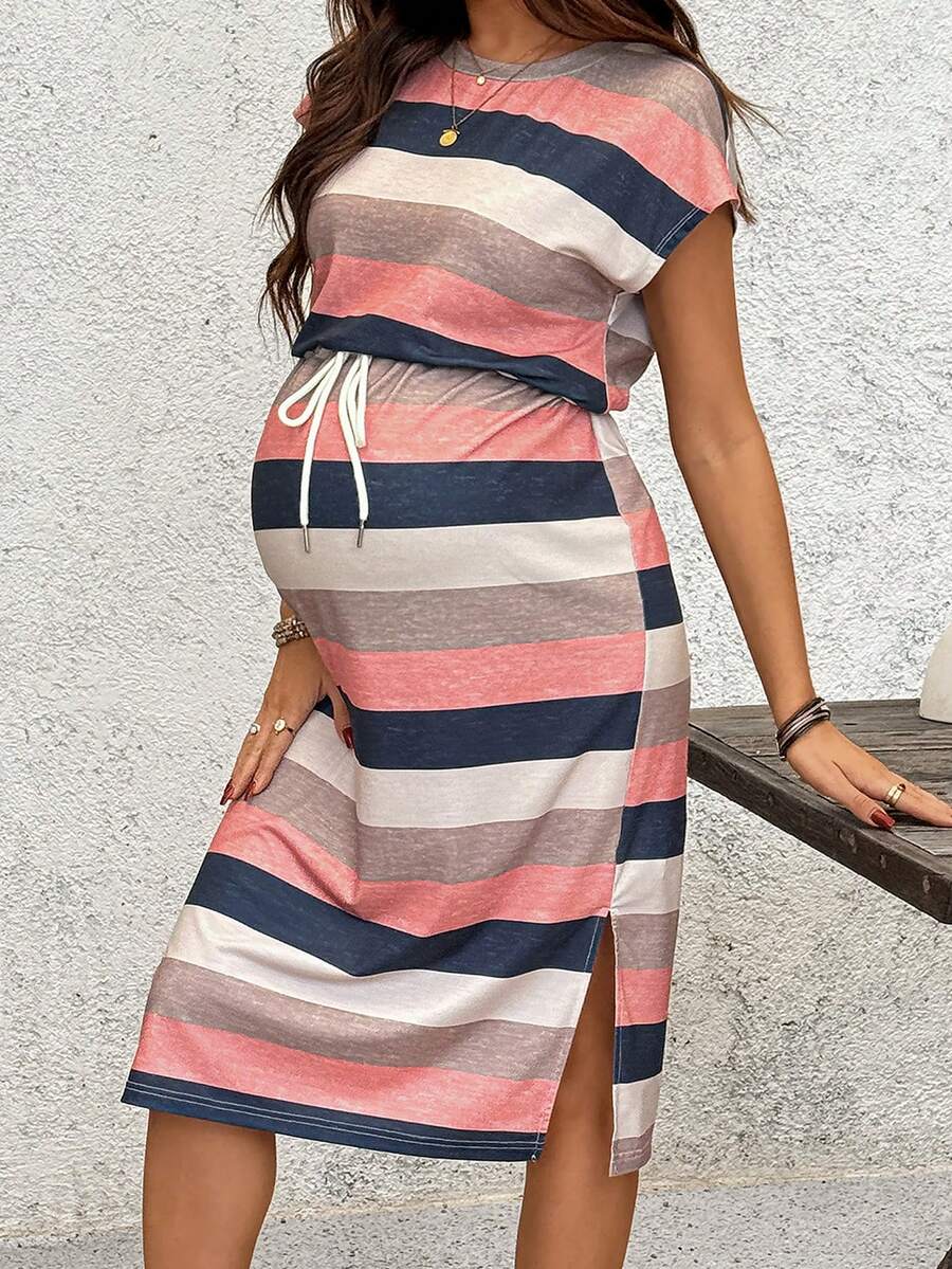 SHEIN Maternity Casual Striped Drawstring Crew Neck Dress - Multicolor - View 1