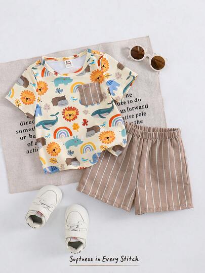 Cozy Pixies 2pcs Baby Boy Cartoon Animal Print Soft Knit Polo Collar Short Sleeve Top And Elastic Waist Shorts Set Baby Casual Sets Baby Boys Shorts Set Baby Boy Summer Sets Toddler Boy Casual Sets