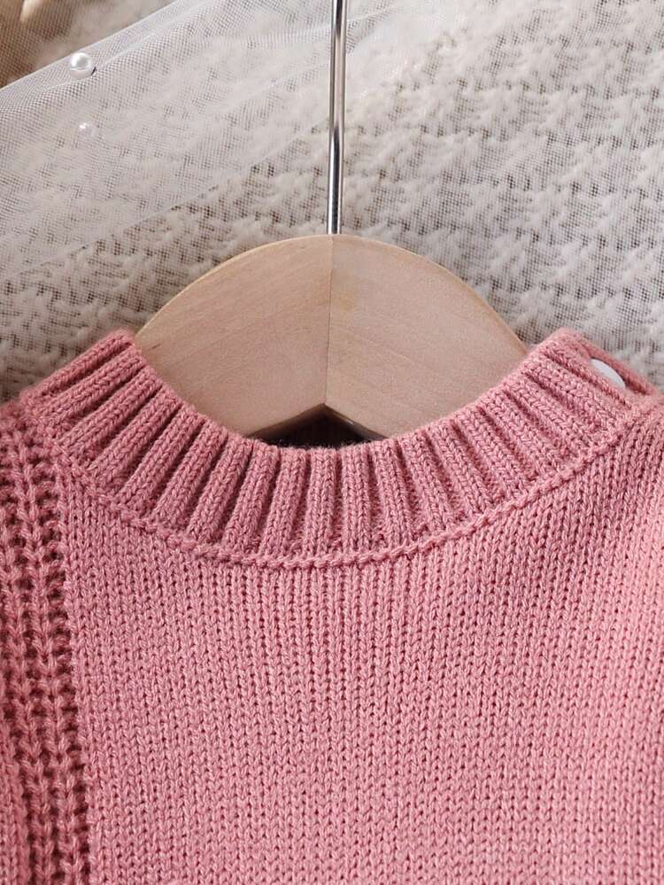 SHEIN Newborn Baby Fashionable Cute Round Neck Shoulder Button Long Sleeve Bow Knit Sweater And Knit Pants Set, Soft And Comfortable, Suitable For Spring, Autumn And Winter, Suitable For Daily, Outdoor, Travel, Vacation, Home, Nursery, And Children's Play Wear Baby Set Autumn Winter Season Baby Girl Knitted Outfit Baby Girl Warm Sets Pink Bow Baby Outfit Baby Girl Knitted Outfits Newborn Sweater Romper - Pink - View 6