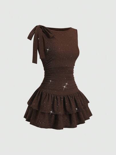 Sweetra Women's Elegant Commute Daily Wear Mini Dress With Bowknot Tie, Cake Skirt, Shiny Fabric, Suitable For Spring Party And Occasions