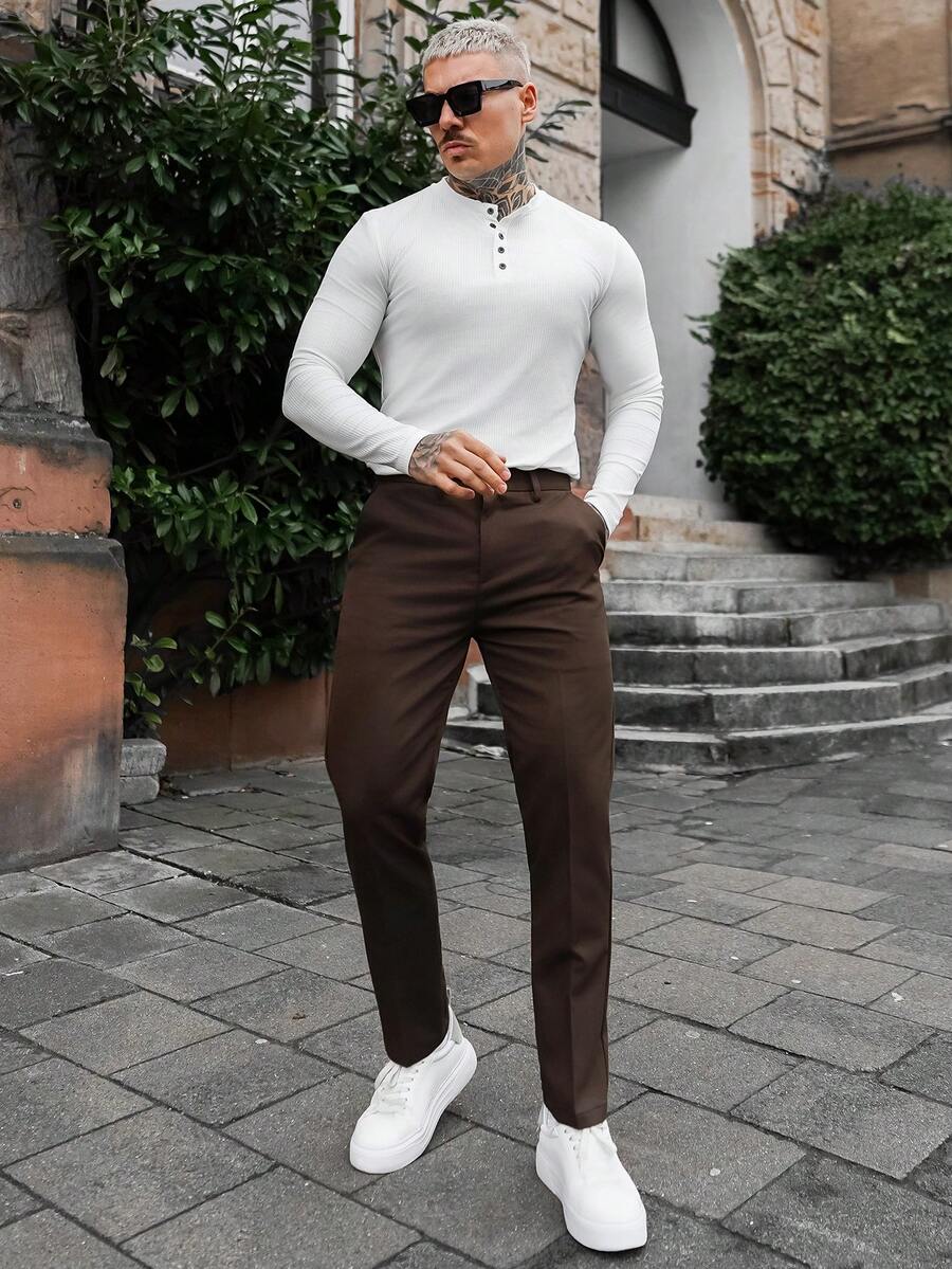 Artur Kramer 男士纯色简约休闲长袖亨利领打底白色T恤，适合秋冬季穿着 - 白色 - 查看 1