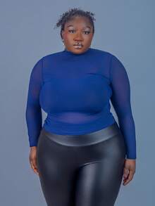 CurvyTilda 加大立领透视网眼上衣（无抹胸） - 寶藍色 - 查看 5