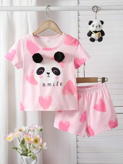 Set de 2 piezas de pijama de niña con cuello redondo y mangas cortas, pantalones cortos, con diseño lindo de pandas y corazones, suave y cómodo, gran regalo para niñas