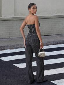 Muchica Two-Piece Set: Strapless Denim Top + Low-Waisted Straight-Leg Pants, Black And White Striped Casual Suit,Y2K Style Streetwear - Black - View 3