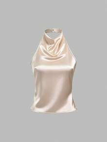 Sweetra Elegant Tied Bandage Halter Backless Crop Top - Apricot - View 1